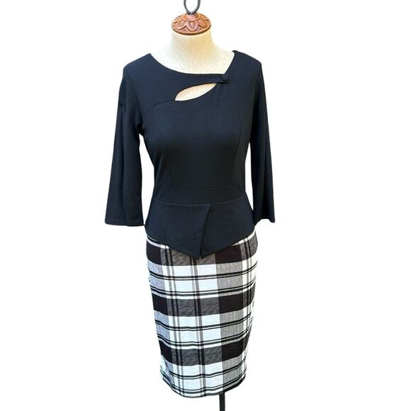 NWT Homeyee Black & White Checkered Print Color block Body-con Dress Women's Med - Picture 1 of 12